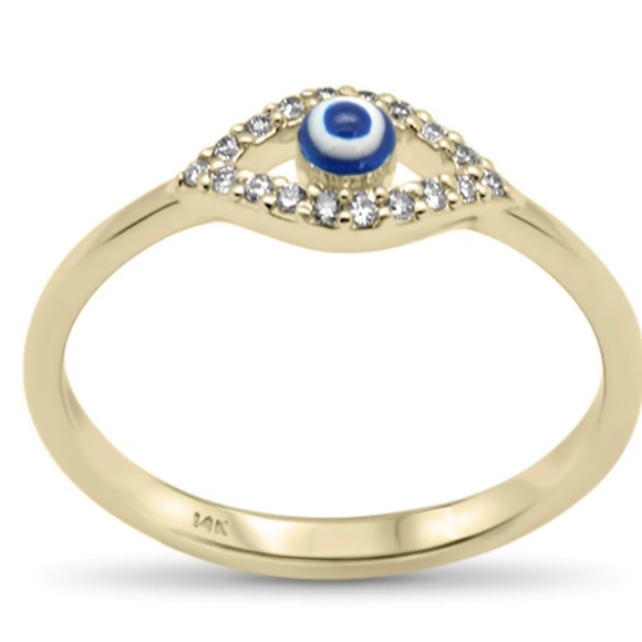 Genuine 14K Yellow Gold Diamond Evil Eye Ring - Picture 1 of 3